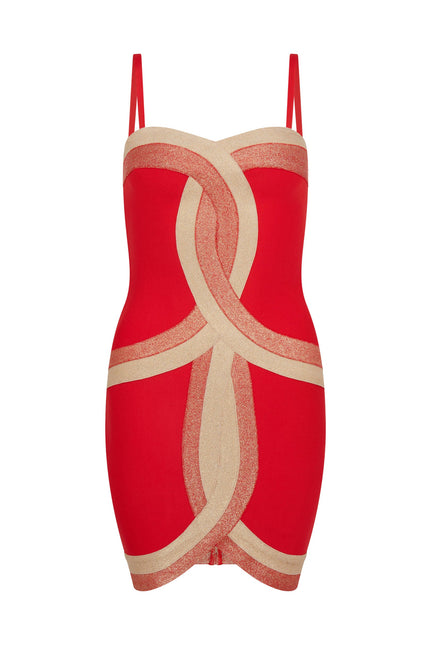 Contrast Panel Bandage Mini Dress in Red and Gold