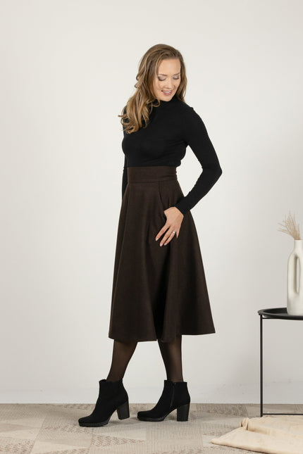 Nikka Place | Dark Chocolate High Waist Wool Midi Skirt