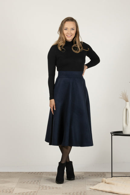 Winter midi high waist skirt in dark blue color