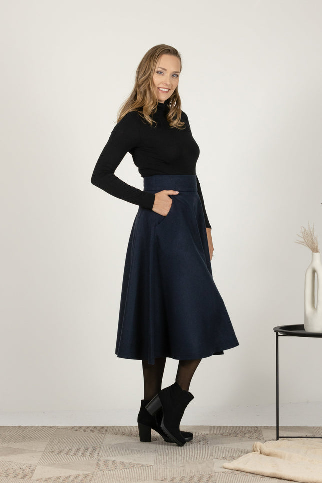 Winter midi high waist skirt in dark blue color