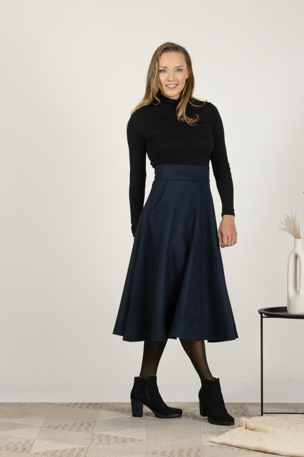Winter midi high waist skirt in dark blue color