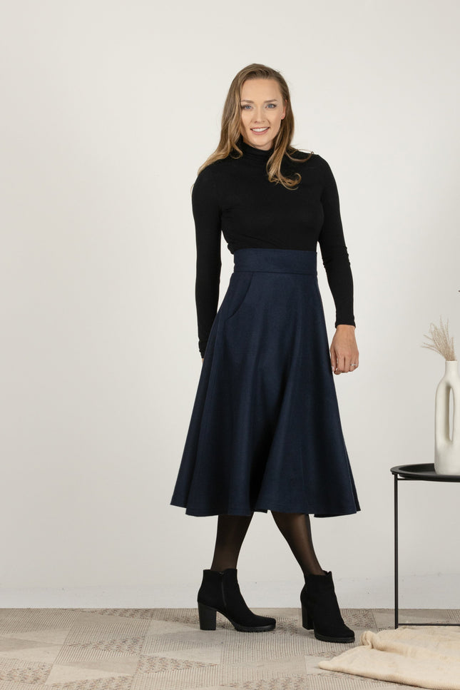 Winter midi high waist skirt in dark blue color