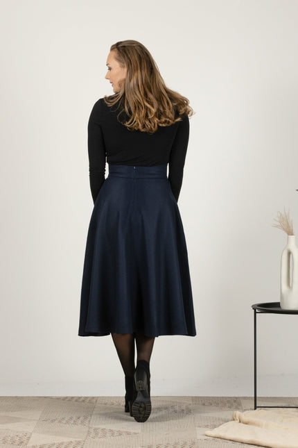 Winter midi high waist skirt in dark blue color