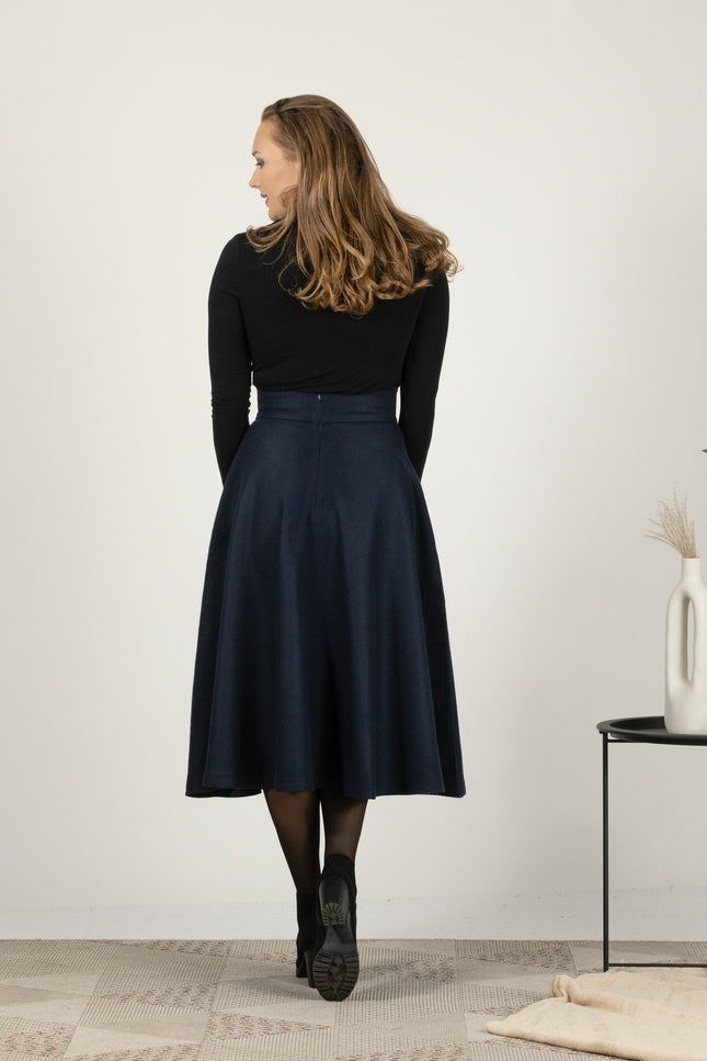 Winter midi high waist skirt in dark blue color