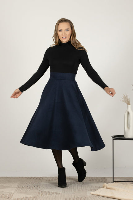 Winter midi high waist skirt in dark blue color