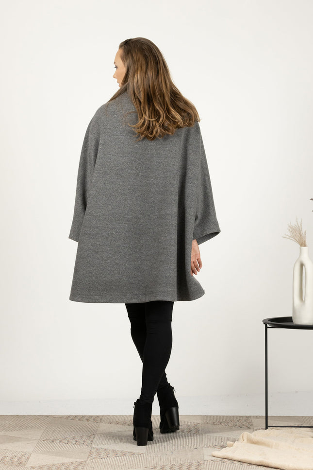 Back side of One-size gray cape coat with buttons and pockets