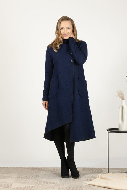 Nikka Place | Dark Blue Boiled Wool Coat with Pockets