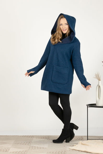 Button-up wool cardigan with hood