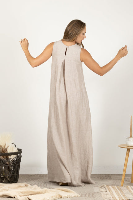 Back view of long linen summer dress with flow