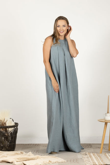 Flowy slate blue linen dress