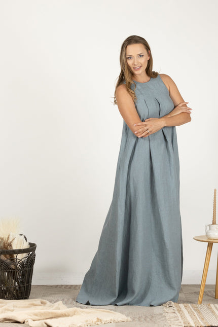 Maxi linen dress in slate blue
