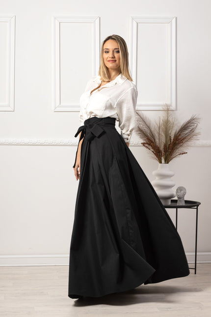 Nikka Place | Elegant Black High Waist Pleated Maxi Skirt