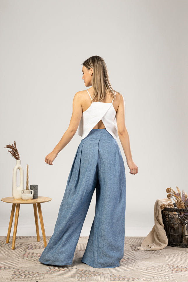 Blue Melange Wide Leg Linen Pants for formal and casual outfits in summer - from NikkaPlace | Effortless fashion for easy living