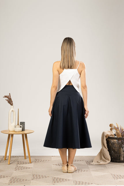 Dark Blue Midi Flared Circle Skirt for everyday summer outfit - from NikkaPlace | Effortless fashion for easy living