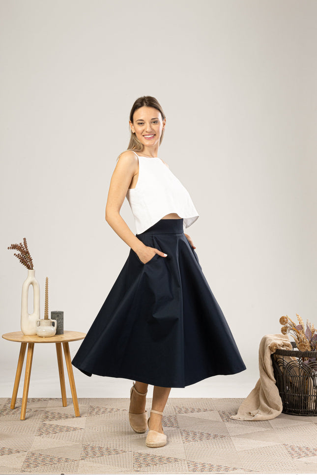 Dark Blue Midi Flared Circle Skirt for everyday summer outfit - from NikkaPlace | Effortless fashion for easy living