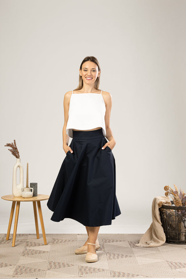 Dark Blue Midi Flared Circle Skirt for everyday summer outfit - from NikkaPlace | Effortless fashion for easy living