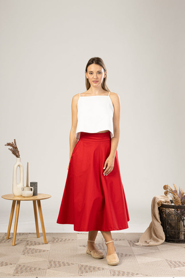 Red Midi Flared Circle Skirt for everyday summer outfit - from NikkaPlace | Effortless fashion for easy living