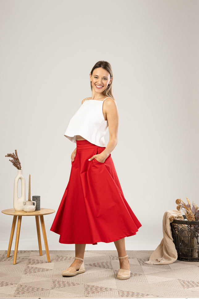 Red Midi Flared Circle Skirt for everyday summer outfit - from NikkaPlace | Effortless fashion for easy living