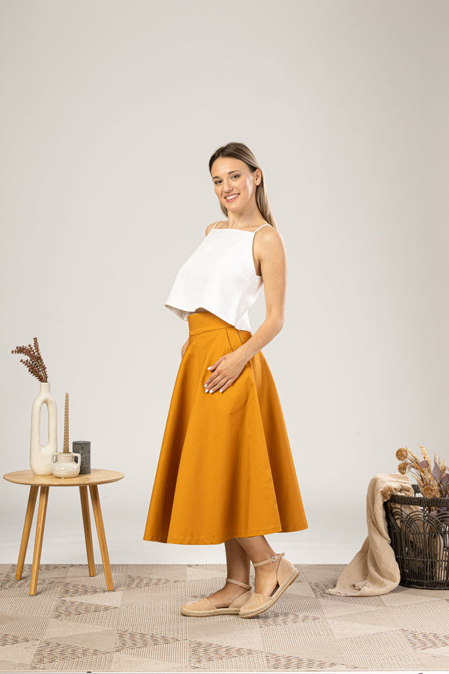 Deep Yellow Midi Flared Circle Skirt for everyday outfit - from NikkaPlace | Effortless fashion for easy living