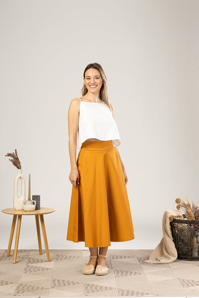 Deep Yellow Midi Flared Circle Skirt for everyday outfit - from NikkaPlace | Effortless fashion for easy living