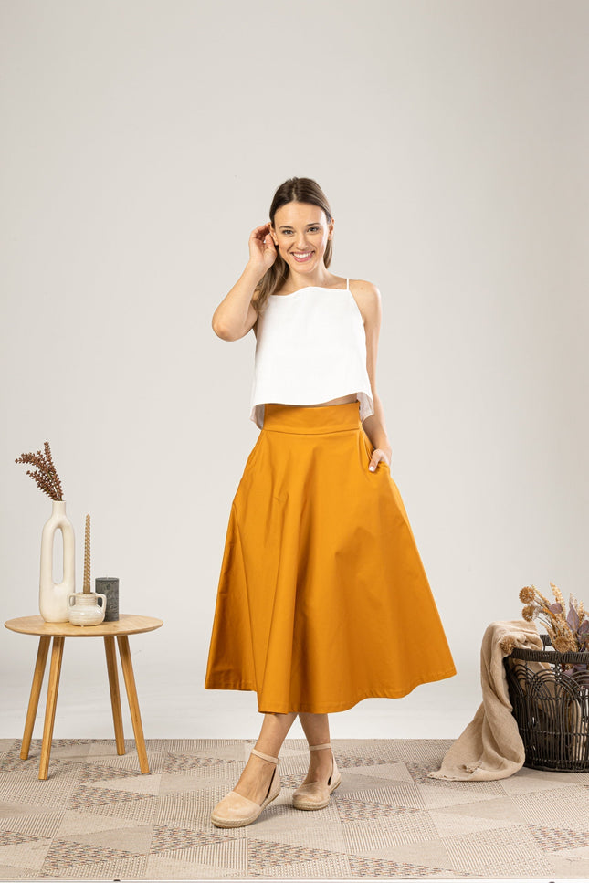 Deep Yellow Midi Flared Circle Skirt for everyday outfit - from NikkaPlace | Effortless fashion for easy living