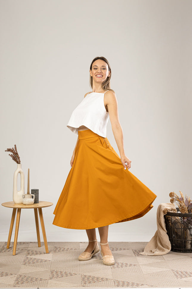 Deep Yellow Midi Flared Circle Skirt for everyday outfit - from NikkaPlace | Effortless fashion for easy living