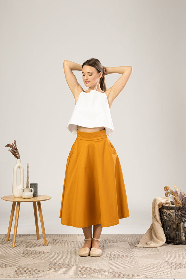 Deep Yellow Midi Flared Circle Skirt for everyday outfit - from NikkaPlace | Effortless fashion for easy living