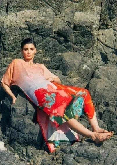 Coral Mirage Floral Long Kaftan With Side Slits