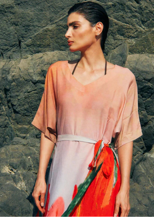 Coral Mirage Floral Long Kaftan With Side Slits