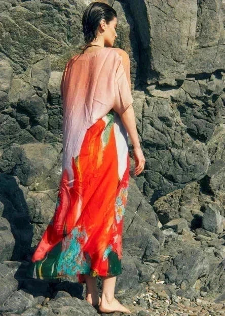Coral Mirage Floral Long Kaftan With Side Slits