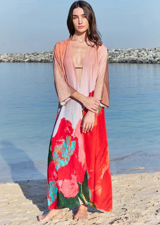Coral Mirage Floral Long Kimono