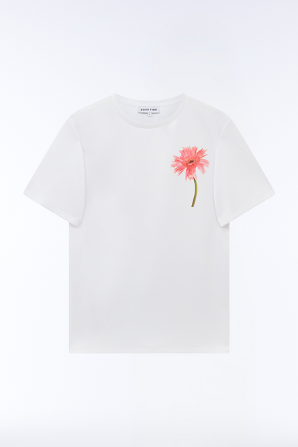 White cotton t-shirt with single gerbera flower graphic on chest by SOUR FIGS