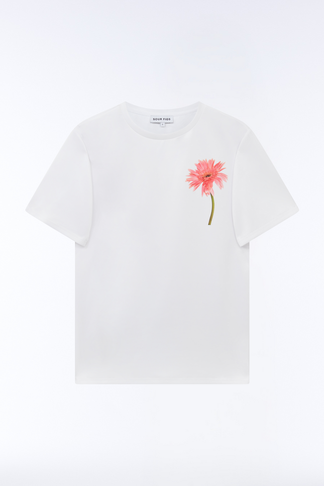 White cotton t-shirt with single gerbera flower graphic on chest by SOUR FIGS