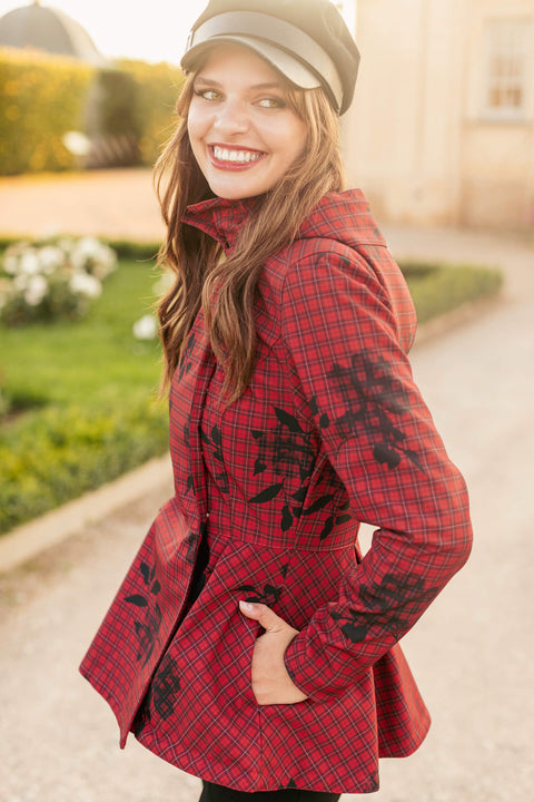 RainSisters | Double Breasted Jacket with Detachable Hood in Red | Crimson Heart