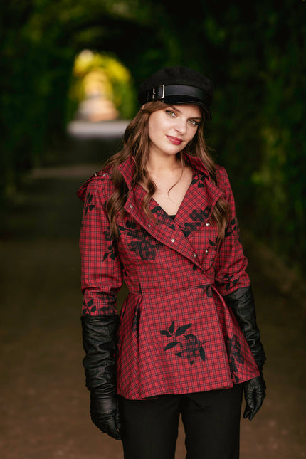The Crimson Heart jacket styled for elegance and confidence on the go.