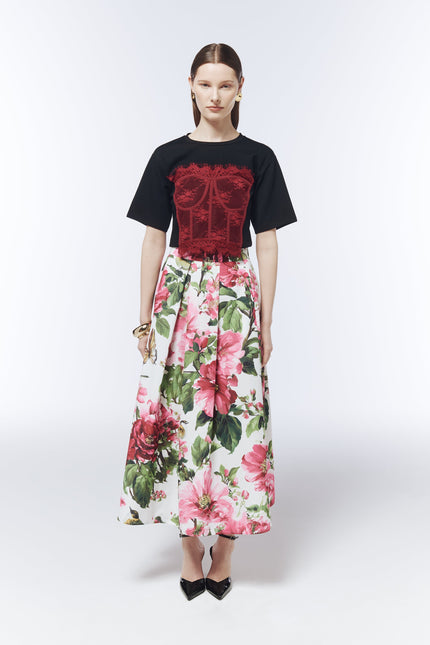 SOUR FIGS lace corset illusion T-shirt in black and crimson red styled with floral midi skirt