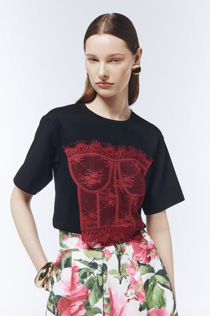 SOUR FIGS black crew neck T-shirt with red lace lingerie illusion appliqué and eyelash trim