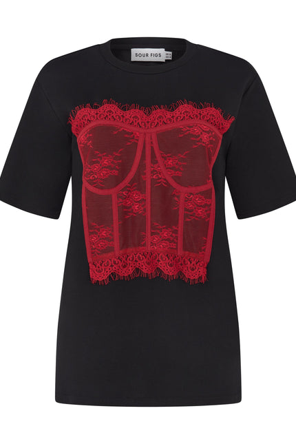 SOUR FIGS designer black T-shirt with red bustier-inspired lace appliqué and short sleeves