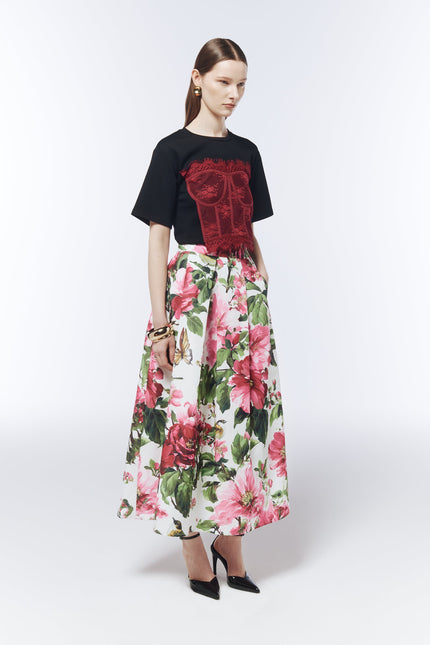SOUR FIGS statement black T-shirt with crimson lace corset panel for elevated daywear