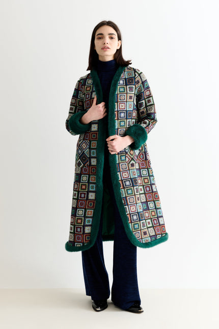 Delphia 70'S Patch Jacquard Fur Trim Coat – Multicoloured - Detail 5