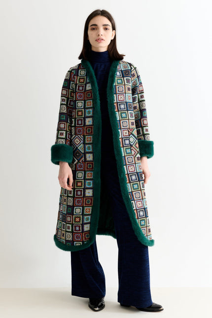 Delphia 70'S Patch Jacquard Fur Trim Coat – Multicoloured - Back