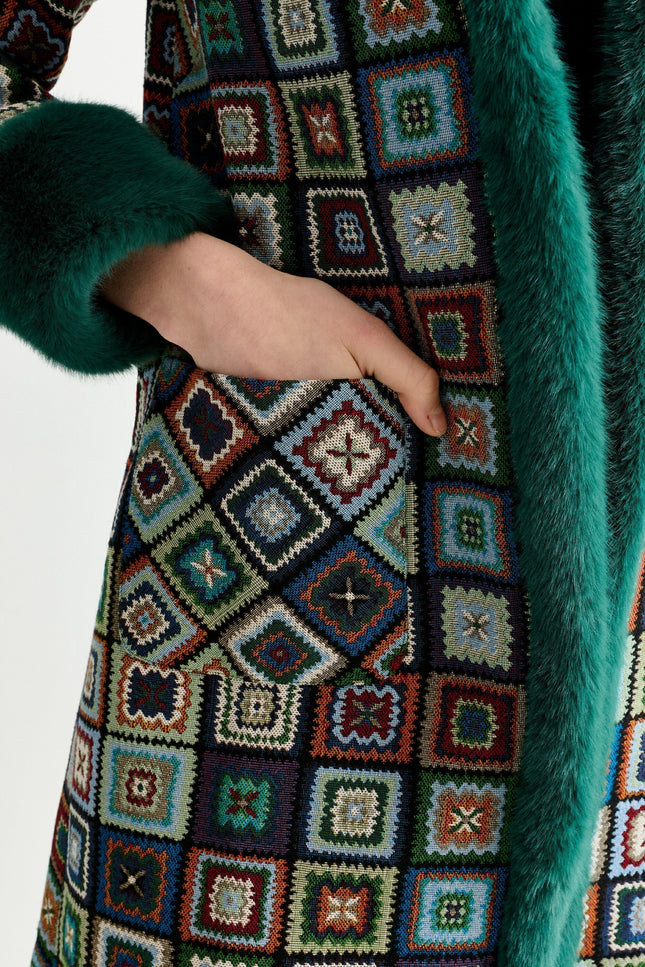 Delphia 70'S Patch Jacquard Fur Trim Coat – Multicoloured - Detail 3