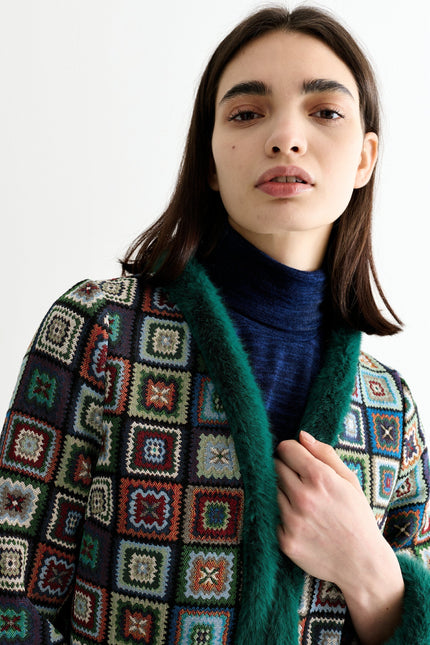 Delphia 70'S Patch Jacquard Fur Trim Coat – Multicoloured - Detail 2