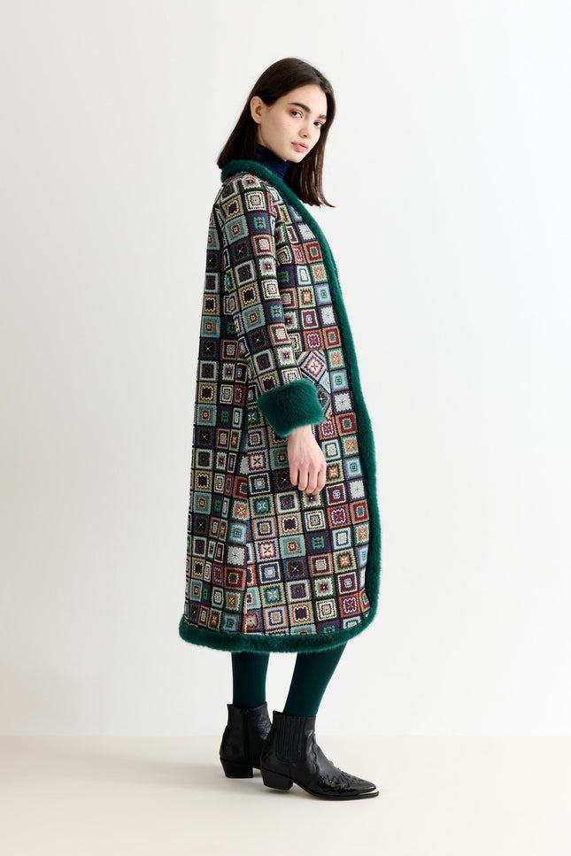 Delphia 70'S Patch Jacquard Fur Trim Coat – Multicoloured - Detail 4