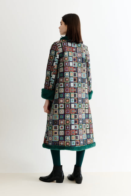 Delphia 70'S Patch Jacquard Fur Trim Coat – Multicoloured - Detail 1