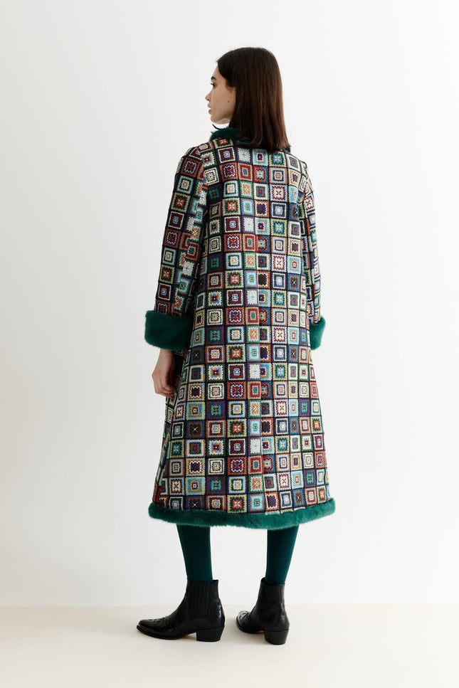 Delphia 70'S Patch Jacquard Fur Trim Coat – Multicoloured - Detail 1