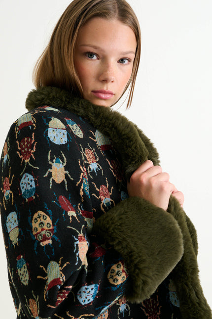 Delphia Beetlejuice Jacquard Fur Trim Coat – Multicoloured - Detail 3
