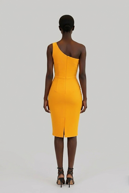 Woman wearing a yellow one-shoulder dress on a gray background