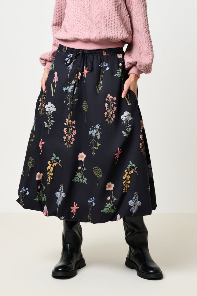 Dixie Flower Press Print Balloon Hem Midi Skirt - Multi - Front