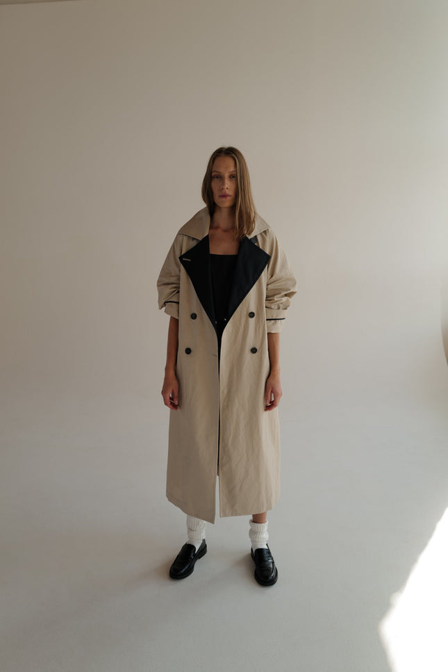 Oversized Double-Breasted Trench Coat AGATA with contrast collar (Last item)